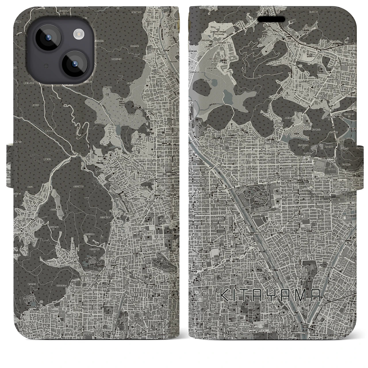 【北山(京都府)】地図柄iPhoneケース(手帳タイプ)モノトーン・iPhone 14 Plus 用