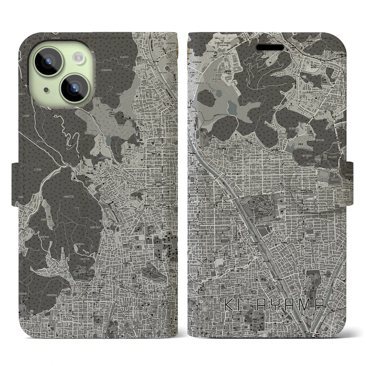 【北山(京都府)】地図柄iPhoneケース(手帳タイプ)モノトーン・iPhone 15 用