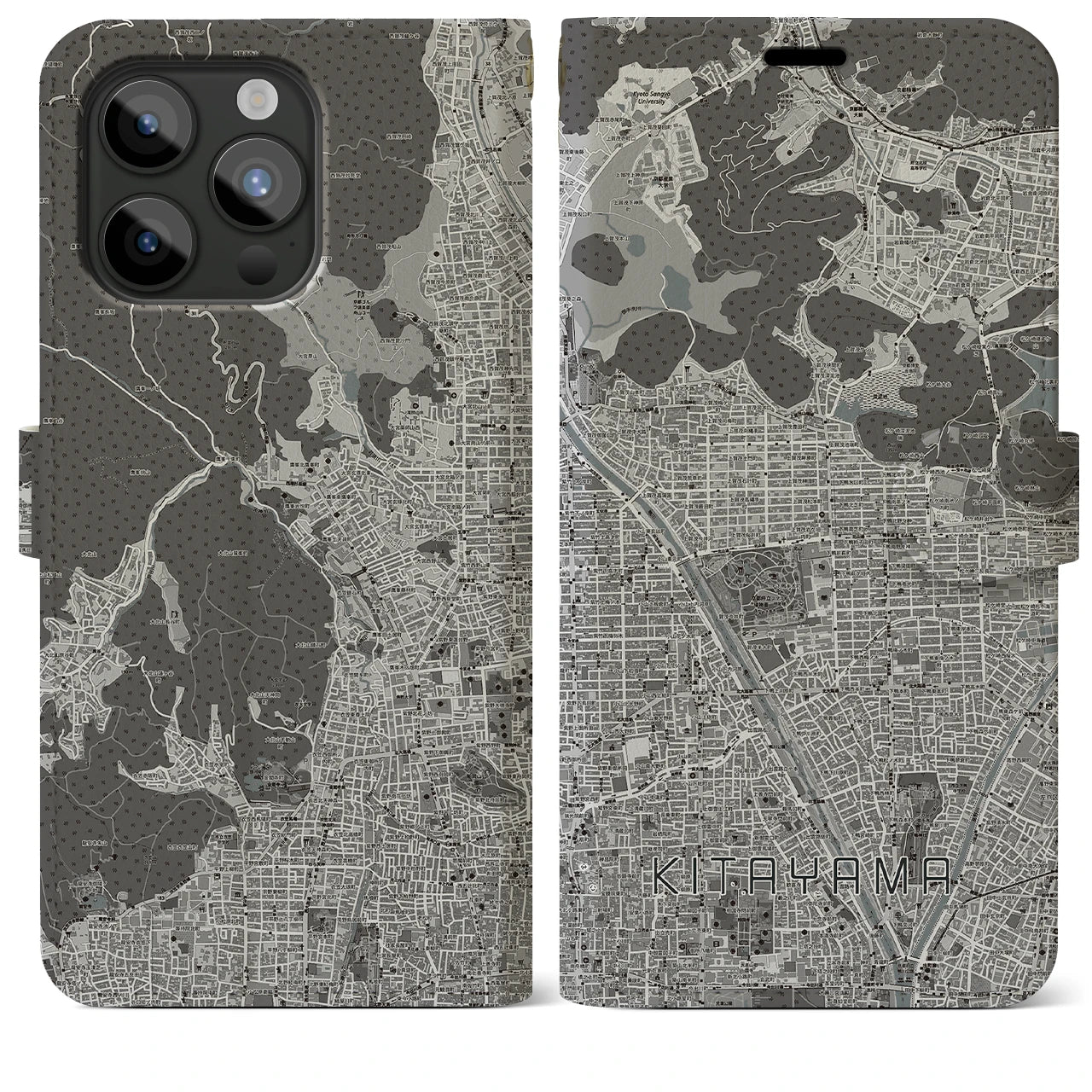 【北山(京都府)】地図柄iPhoneケース(手帳タイプ)モノトーン・iPhone 15 Pro Max 用