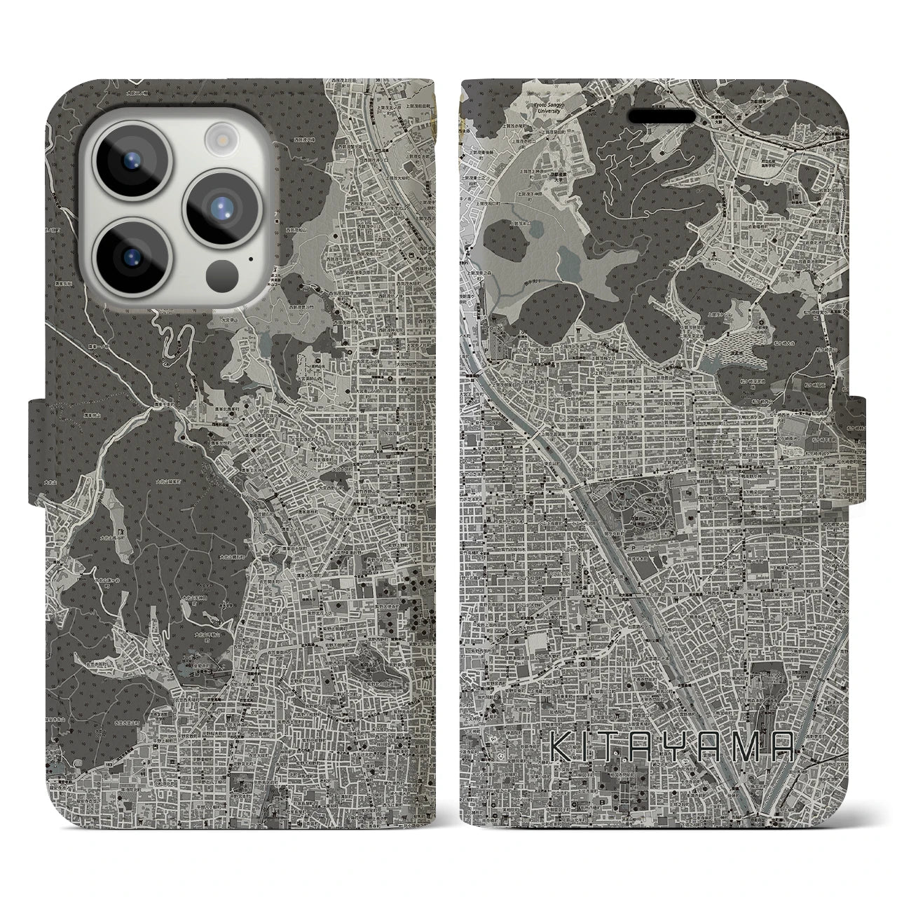 【北山(京都府)】地図柄iPhoneケース(手帳タイプ)モノトーン・iPhone 15 Pro 用