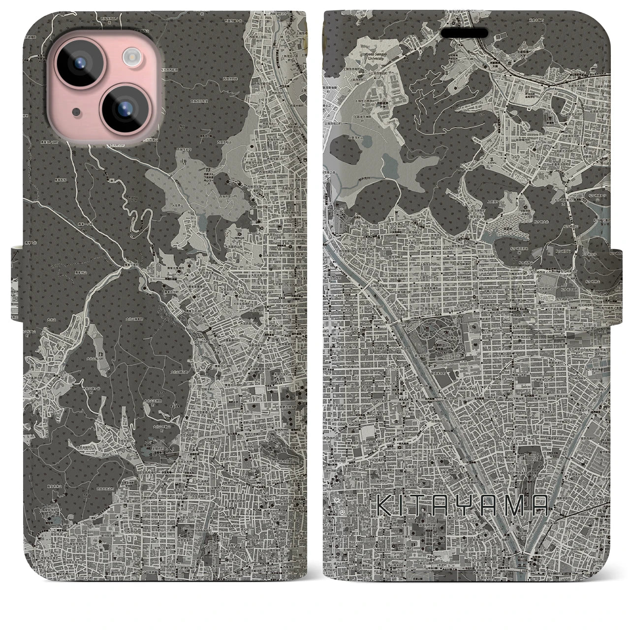 【北山(京都府)】地図柄iPhoneケース(手帳タイプ)モノトーン・iPhone 15 Plus 用