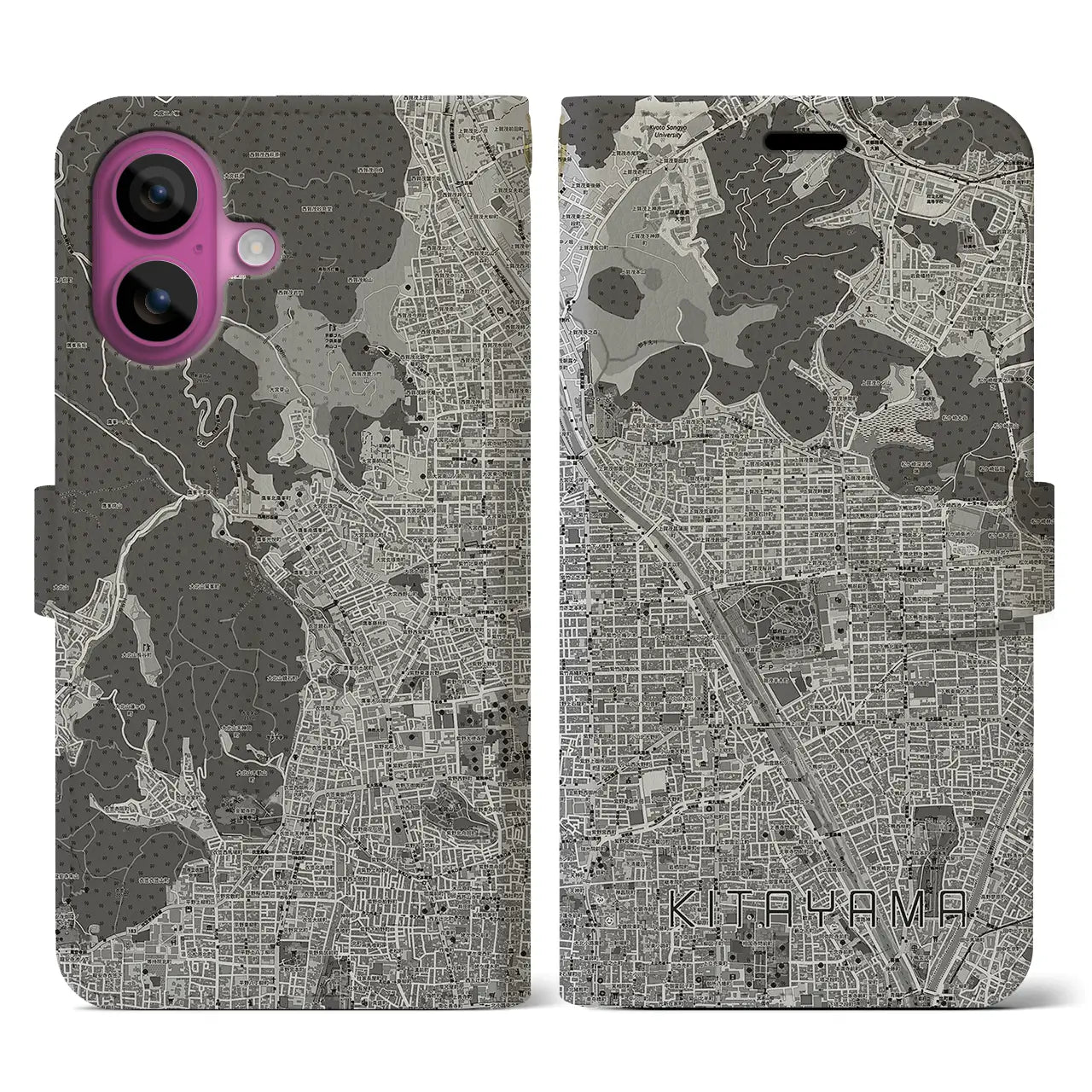 【北山(京都府)】地図柄iPhoneケース(手帳タイプ)モノトーン・iPhone 16 Pro 用
