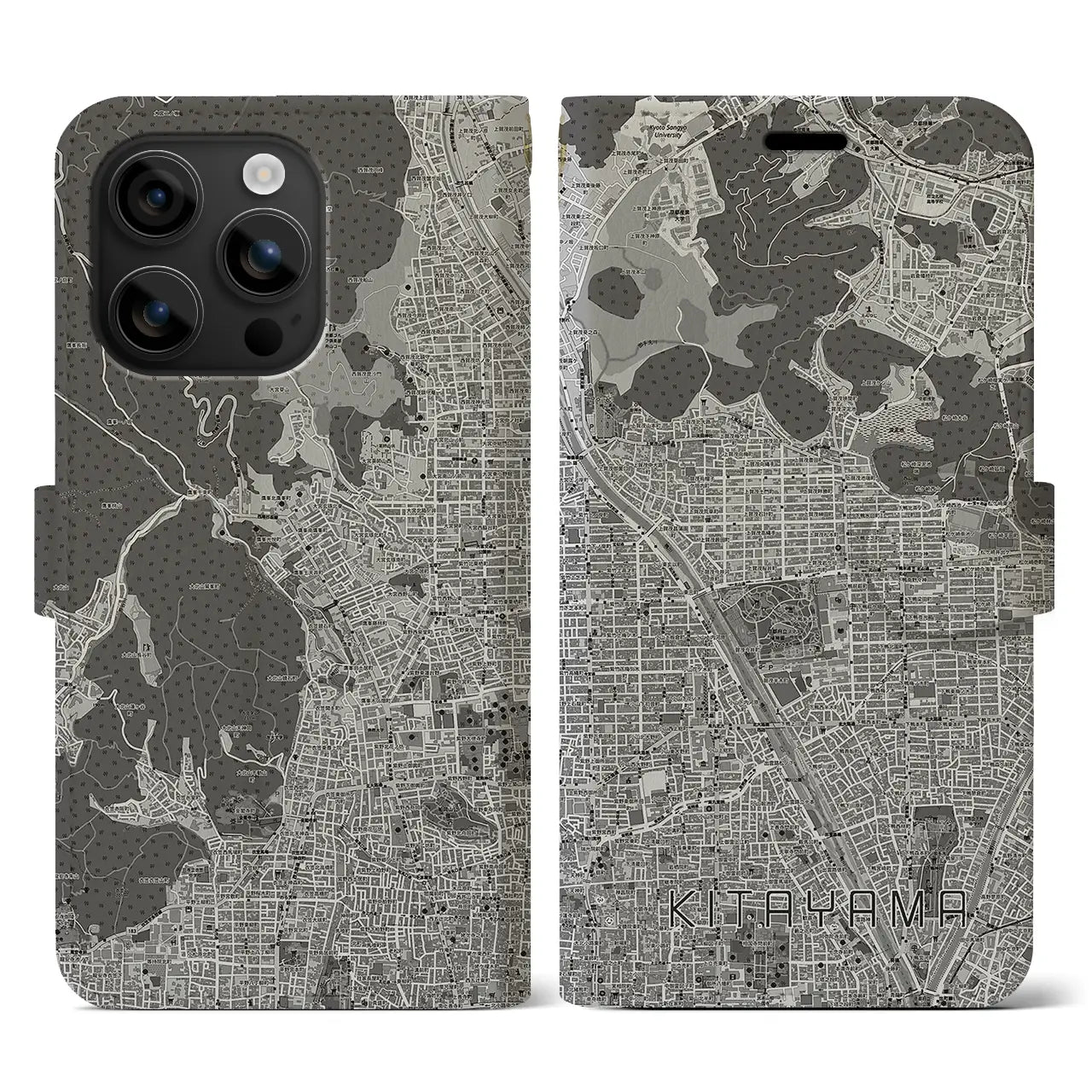 【北山(京都府)】地図柄iPhoneケース(手帳タイプ)モノトーン・iPhone 16 用