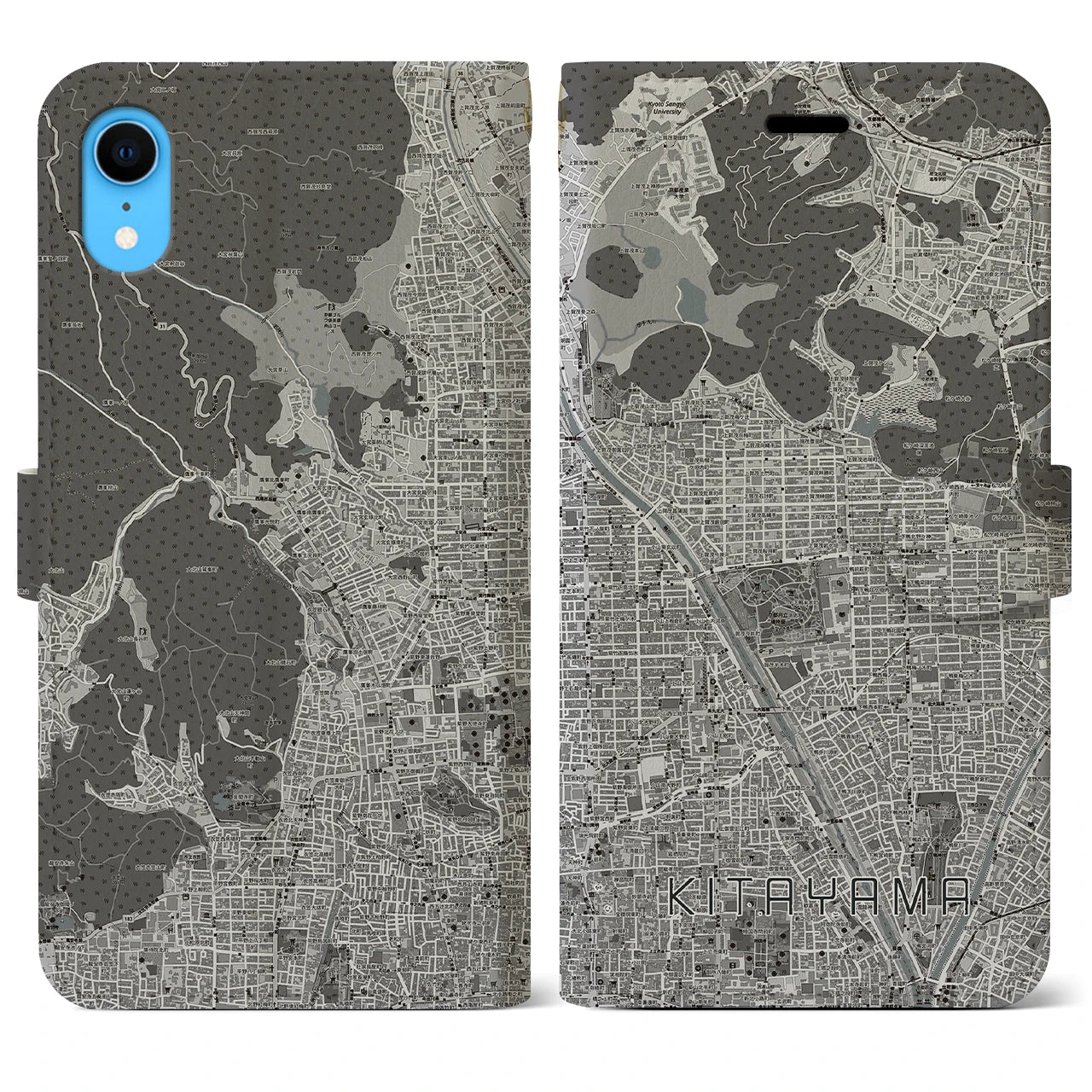 【北山(京都府)】地図柄iPhoneケース(手帳タイプ)モノトーン・iPhone XR 用