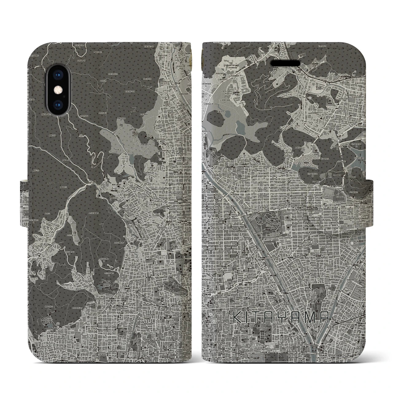 【北山(京都府)】地図柄iPhoneケース(手帳タイプ)モノトーン・iPhone XS / X 用