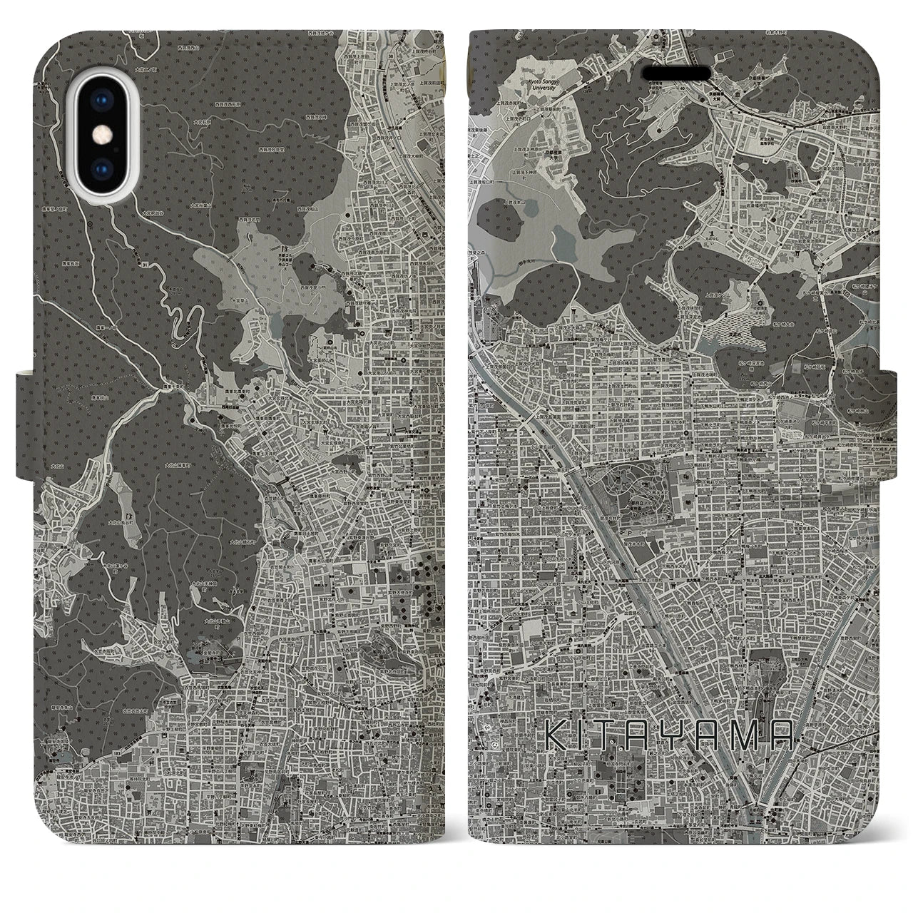 【北山(京都府)】地図柄iPhoneケース(手帳タイプ)モノトーン・iPhone XS Max 用