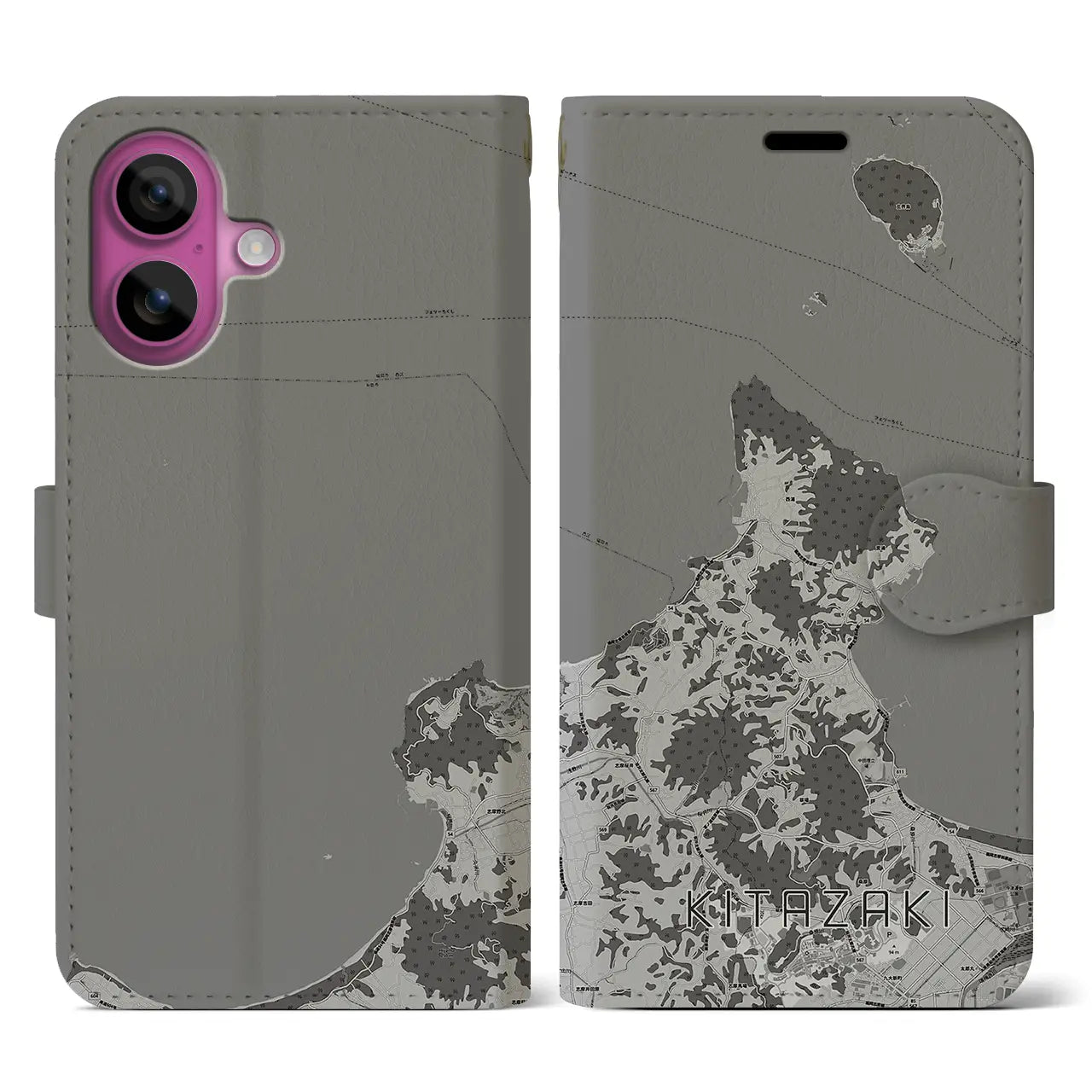 【北崎(福岡県)】地図柄iPhoneケース(手帳タイプ)モノトーン・iPhone 16 Pro 用