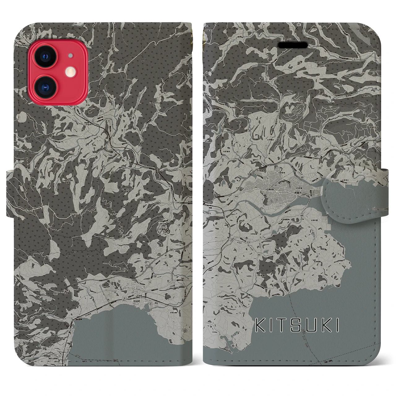 【杵築(大分県)】地図柄iPhoneケース(手帳タイプ)モノトーン・iPhone 11 用