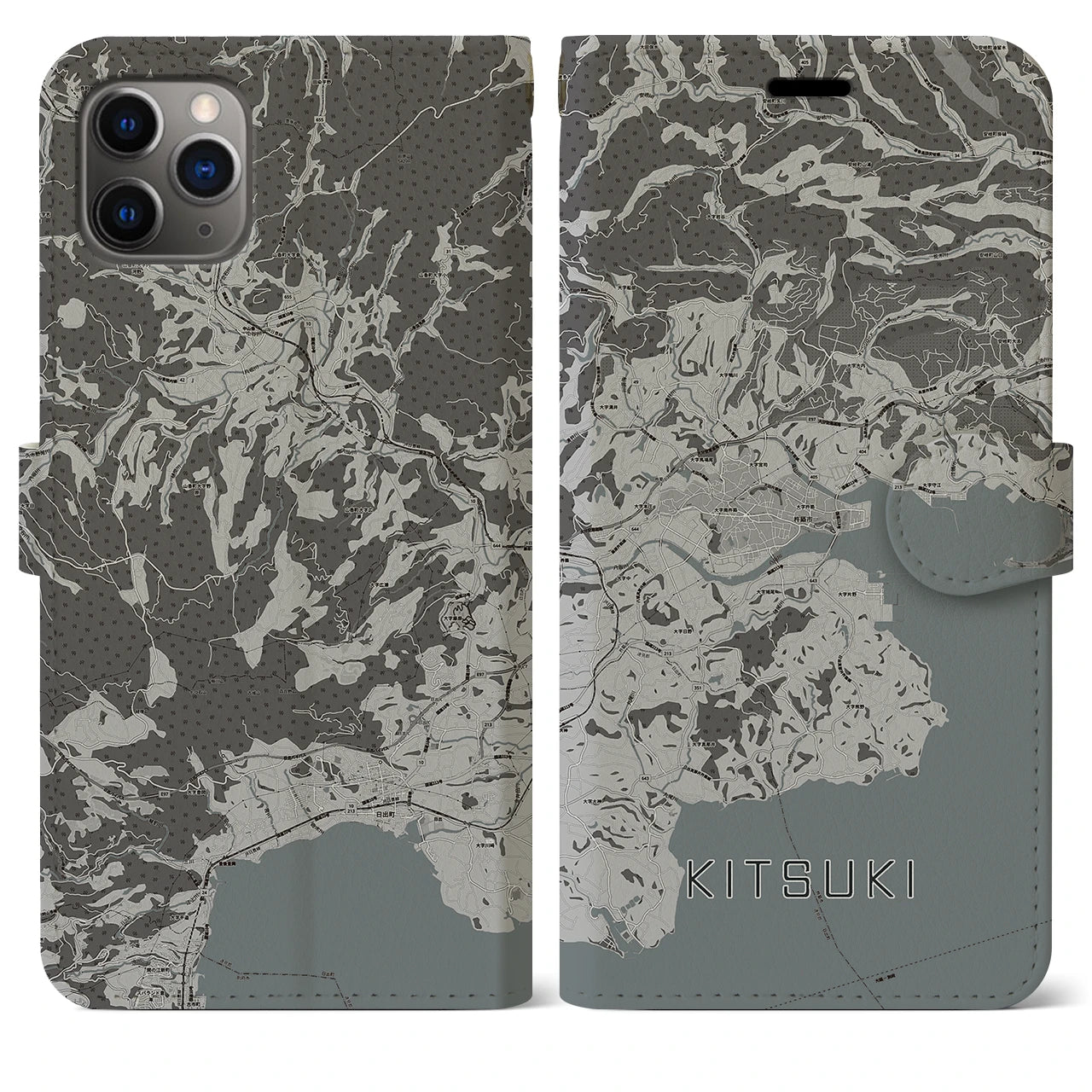 【杵築(大分県)】地図柄iPhoneケース(手帳タイプ)モノトーン・iPhone 11 Pro Max 用