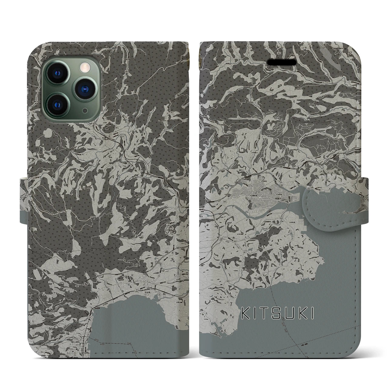 【杵築(大分県)】地図柄iPhoneケース(手帳タイプ)モノトーン・iPhone 11 Pro 用