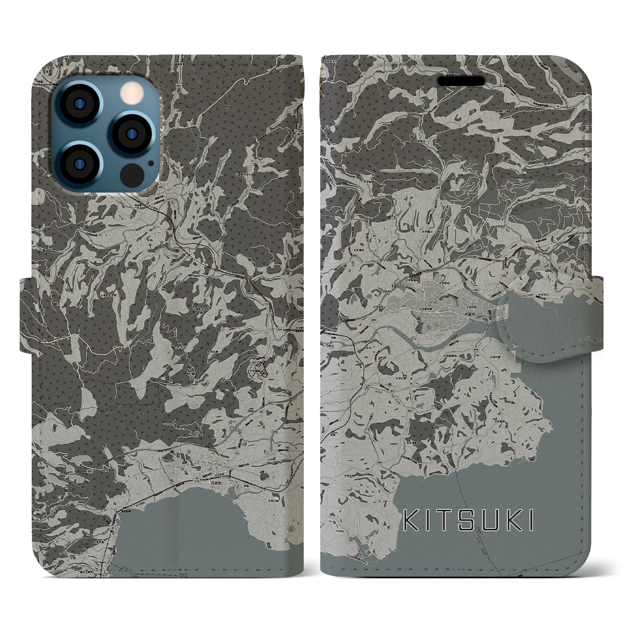 【杵築(大分県)】地図柄iPhoneケース(手帳タイプ)モノトーン・iPhone 12 / 12 Pro 用