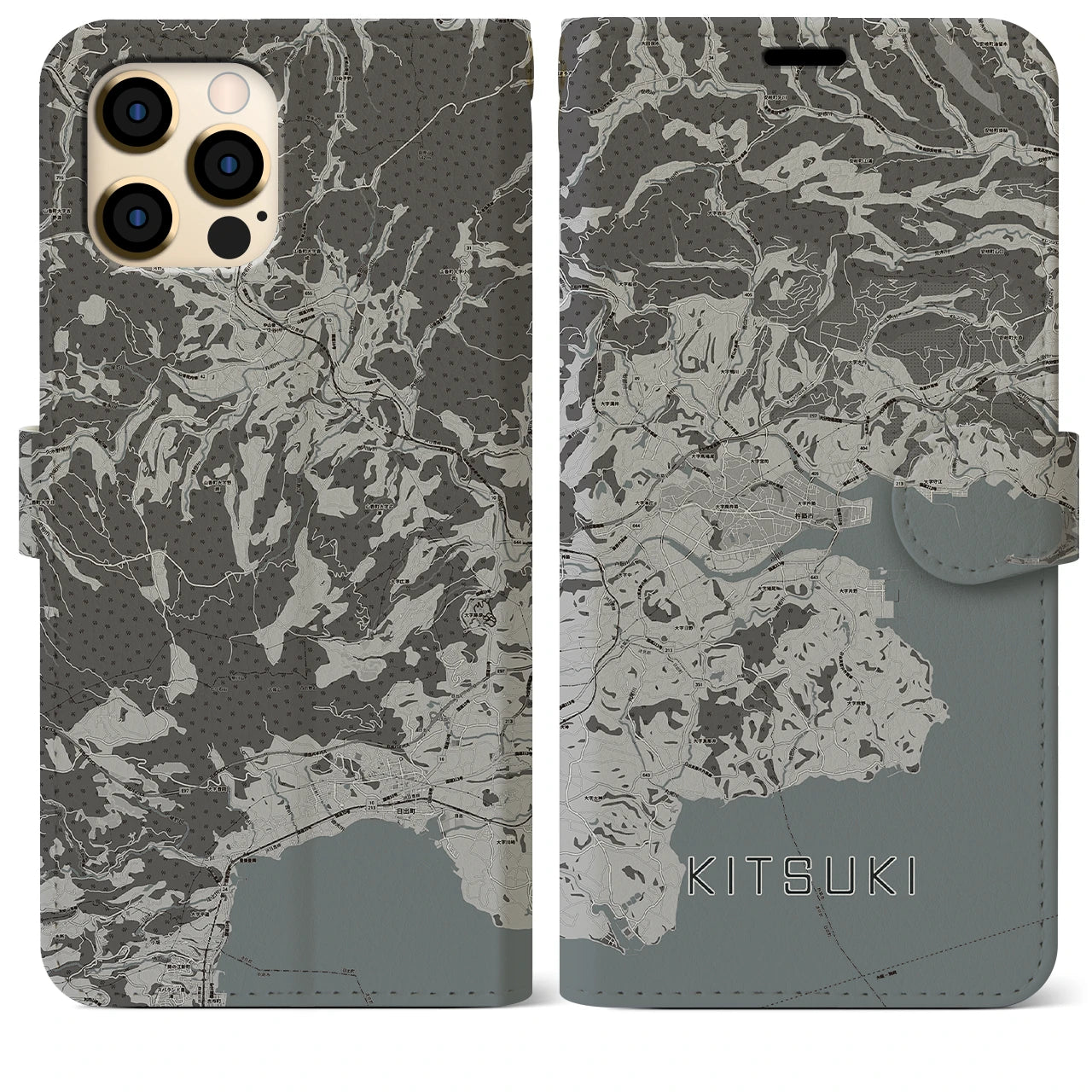 【杵築(大分県)】地図柄iPhoneケース(手帳タイプ)モノトーン・iPhone 12 Pro Max 用