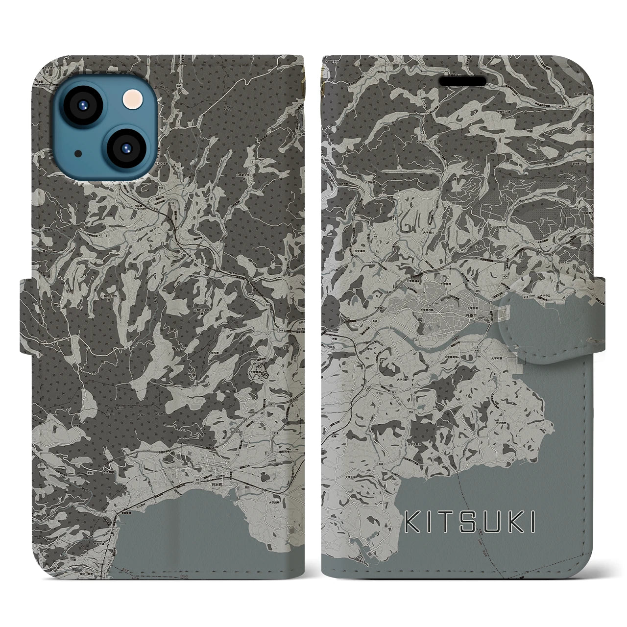 【杵築(大分県)】地図柄iPhoneケース(手帳タイプ)モノトーン・iPhone 13 用