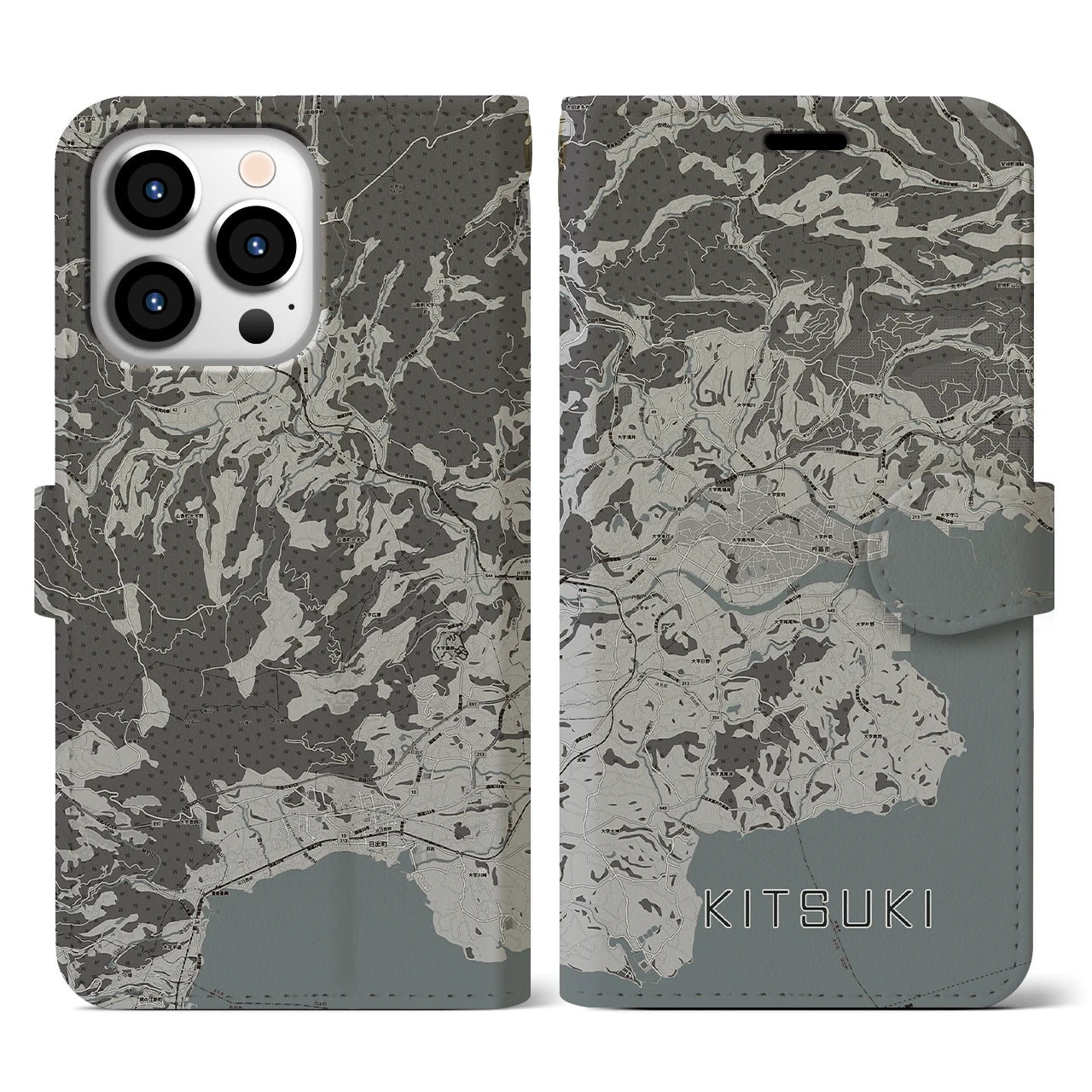 【杵築(大分県)】地図柄iPhoneケース(手帳タイプ)モノトーン・iPhone 13 Pro 用