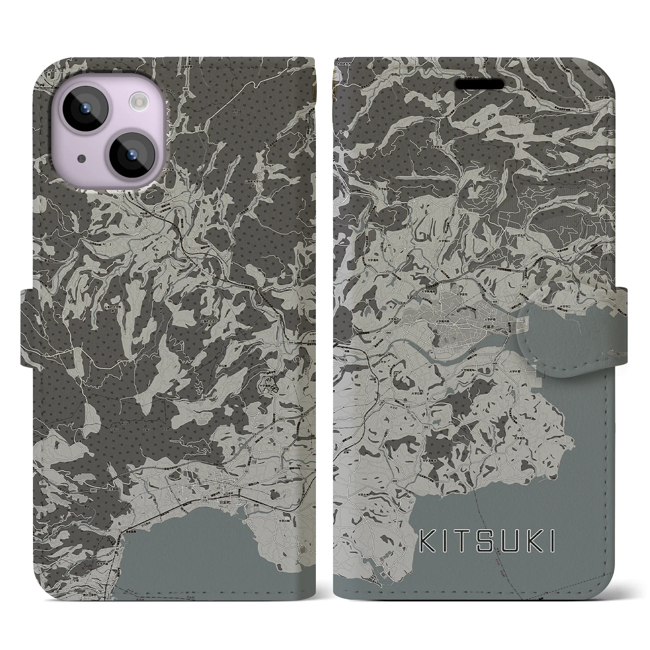 【杵築(大分県)】地図柄iPhoneケース(手帳タイプ)モノトーン・iPhone 14 用