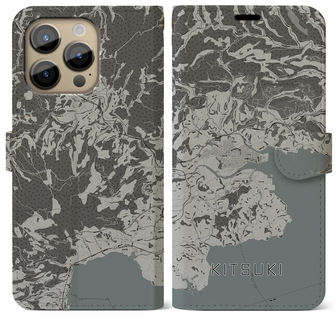 【杵築(大分県)】地図柄iPhoneケース(手帳タイプ)モノトーン・iPhone 14 Pro Max 用