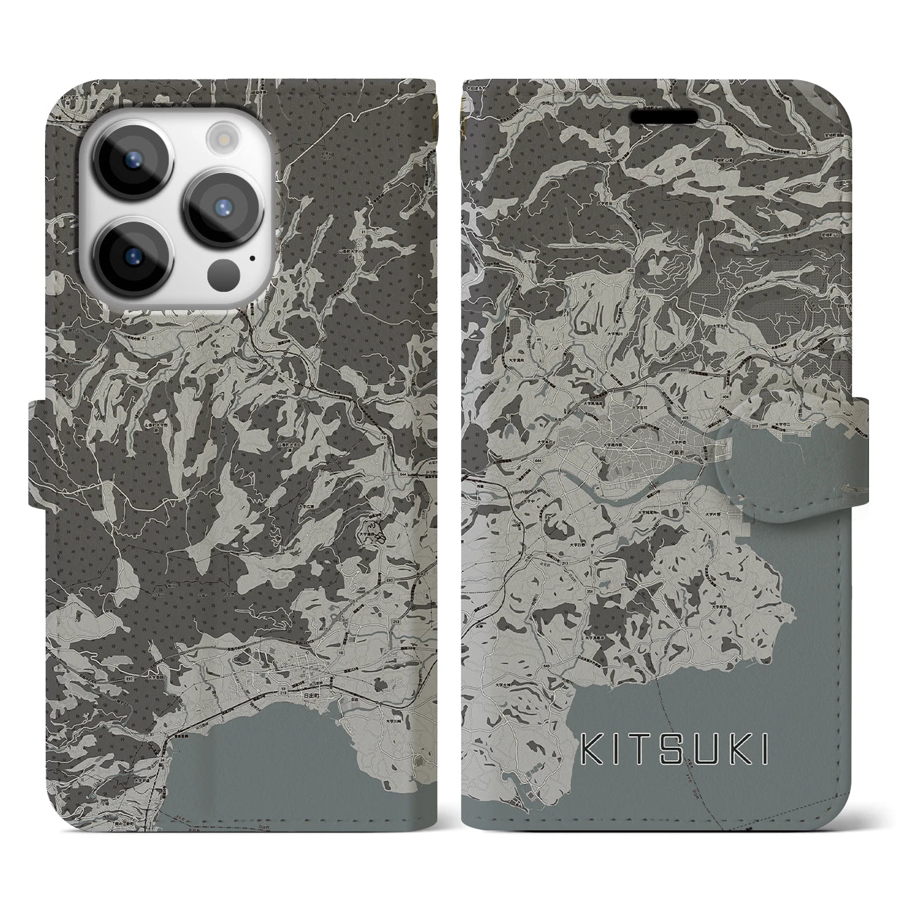 【杵築(大分県)】地図柄iPhoneケース(手帳タイプ)モノトーン・iPhone 14 Pro 用
