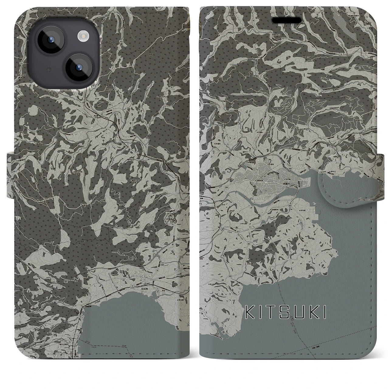 【杵築(大分県)】地図柄iPhoneケース(手帳タイプ)モノトーン・iPhone 14 Plus 用