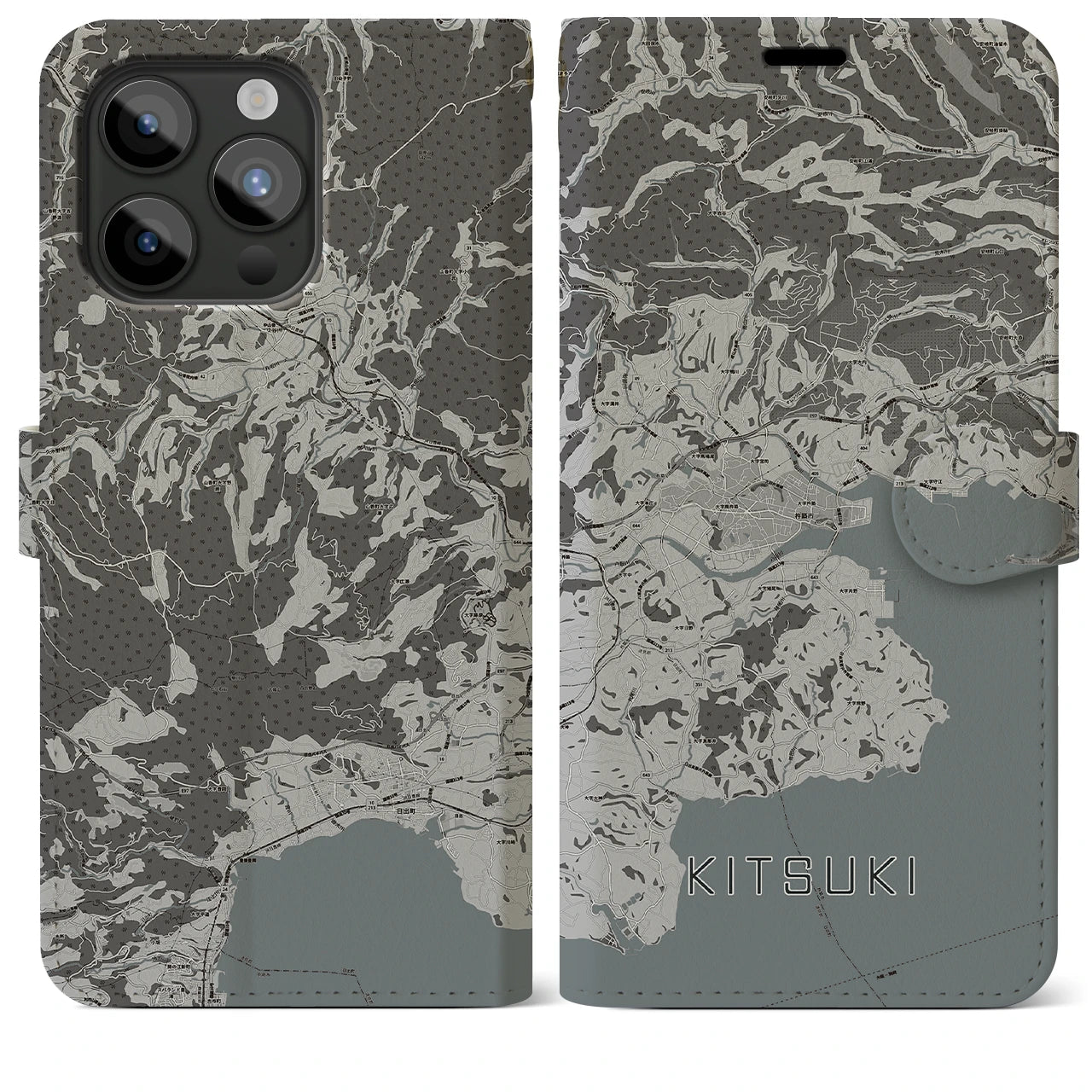 【杵築(大分県)】地図柄iPhoneケース(手帳タイプ)モノトーン・iPhone 15 Pro Max 用