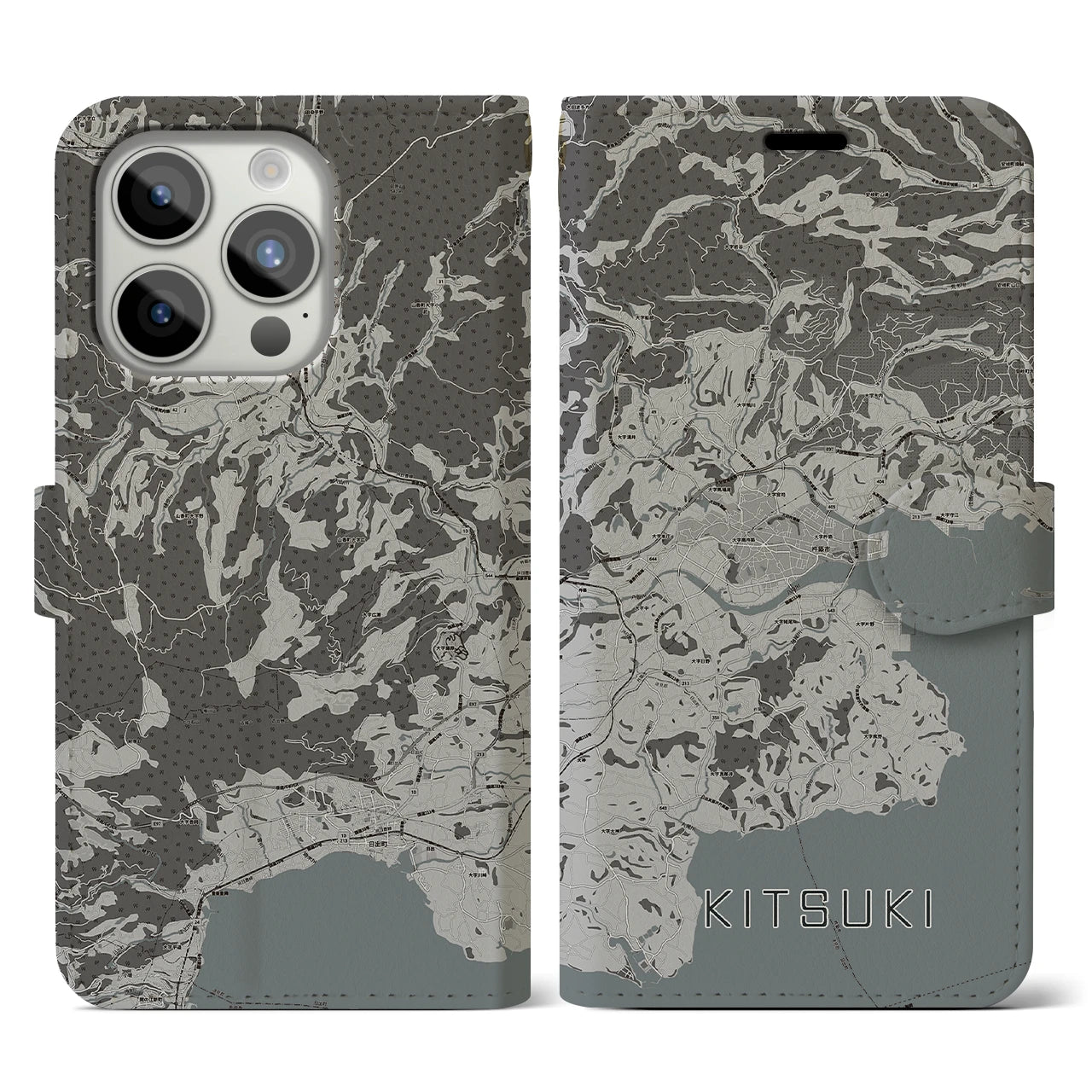 【杵築(大分県)】地図柄iPhoneケース(手帳タイプ)モノトーン・iPhone 15 Pro 用