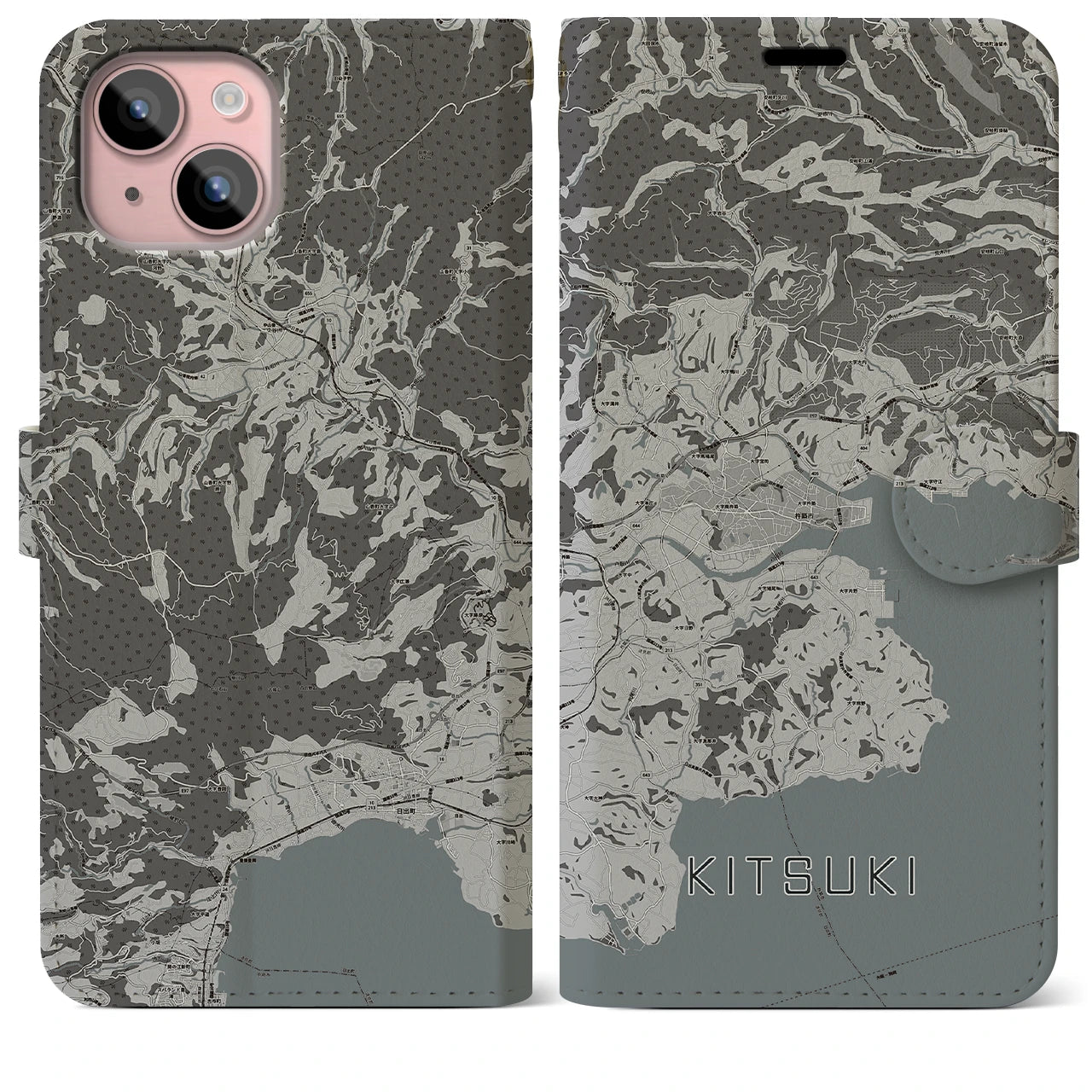 【杵築(大分県)】地図柄iPhoneケース(手帳タイプ)モノトーン・iPhone 15 Plus 用
