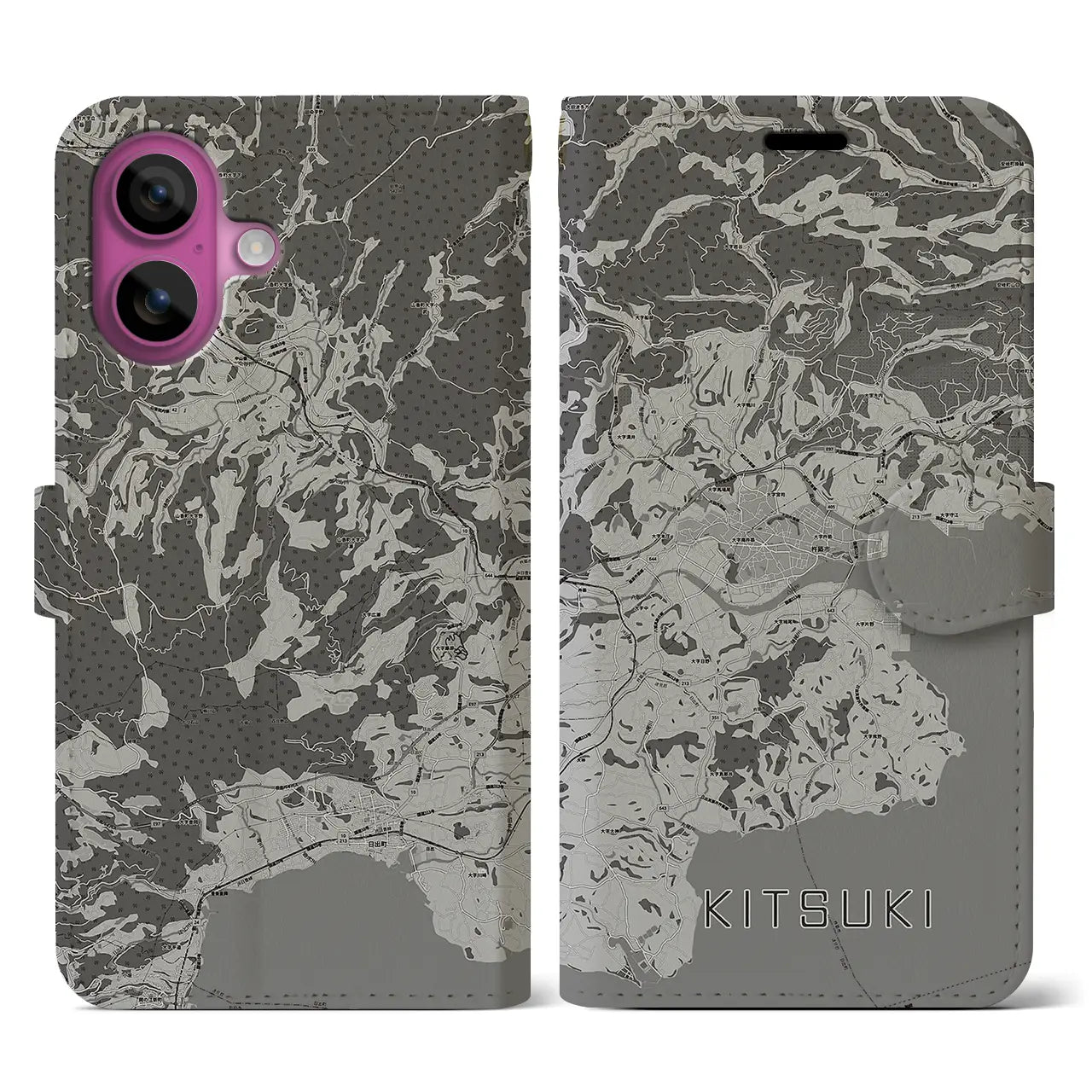 【杵築(大分県)】地図柄iPhoneケース(手帳タイプ)モノトーン・iPhone 16 Pro 用