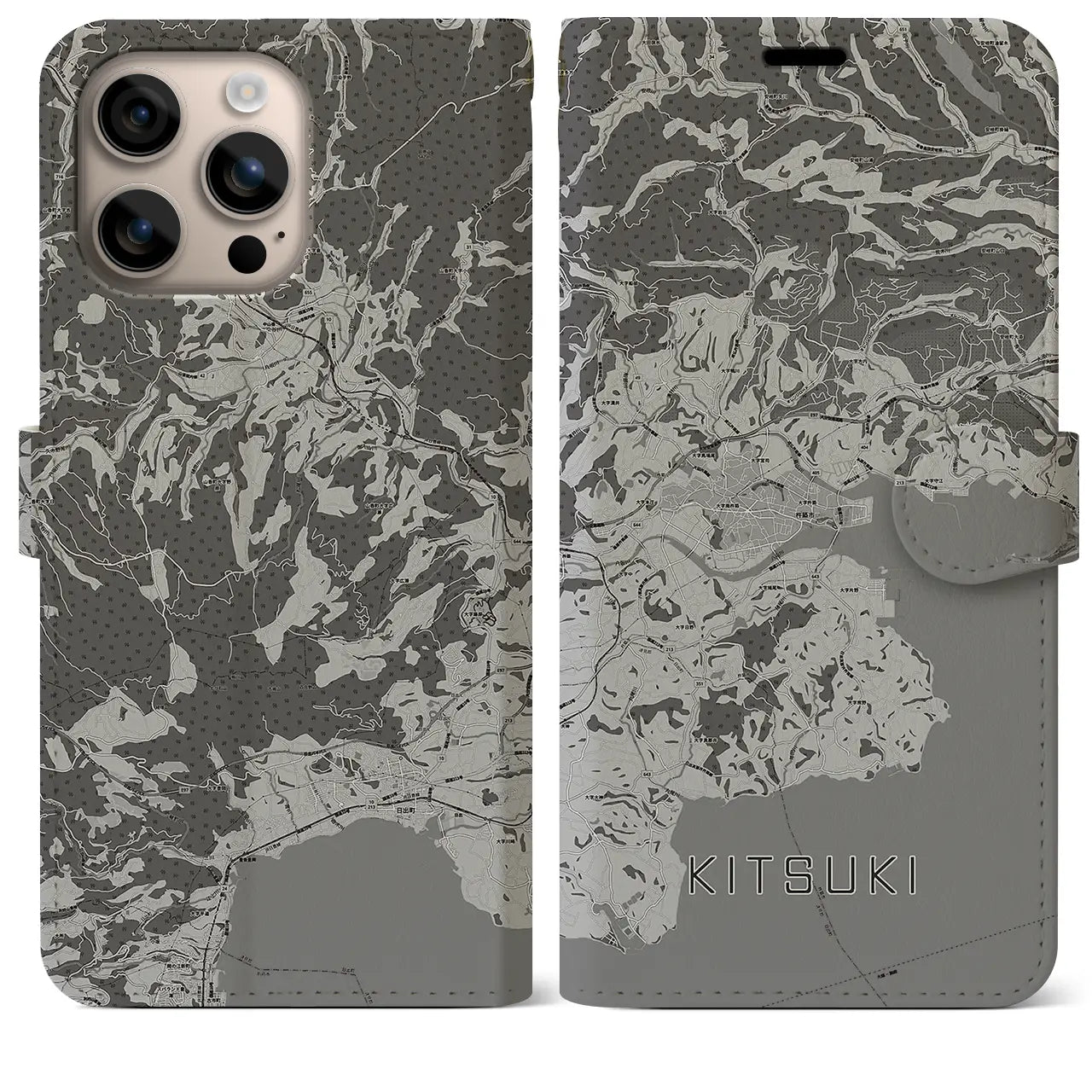 【杵築(大分県)】地図柄iPhoneケース(手帳タイプ)モノトーン・iPhone 16 Plus 用