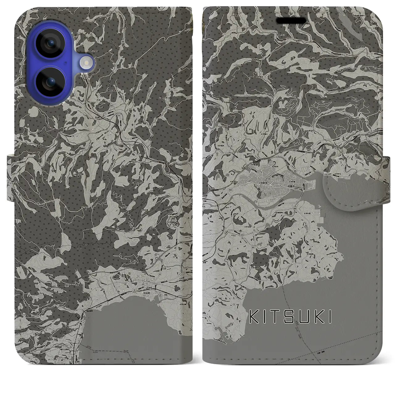 【杵築(大分県)】地図柄iPhoneケース(手帳タイプ)モノトーン・iPhone 16 Pro Max 用