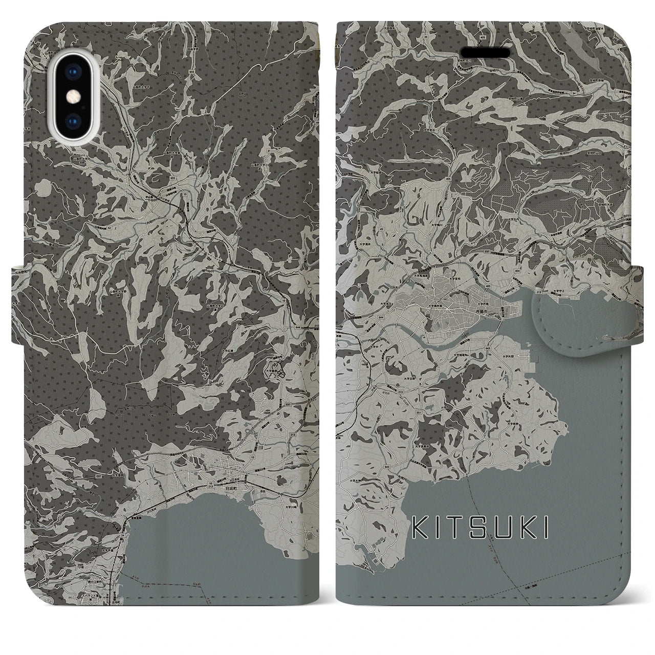 【杵築(大分県)】地図柄iPhoneケース(手帳タイプ)モノトーン・iPhone XS Max 用