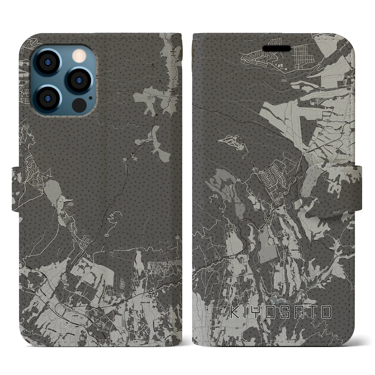 【清里(山梨県)】地図柄iPhoneケース(手帳タイプ)モノトーン・iPhone 12 / 12 Pro 用