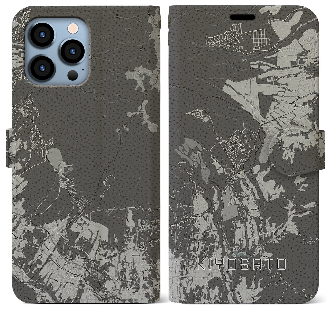 【清里(山梨県)】地図柄iPhoneケース(手帳タイプ)モノトーン・iPhone 13 Pro Max 用