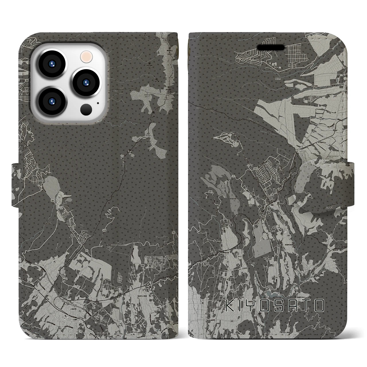 【清里(山梨県)】地図柄iPhoneケース(手帳タイプ)モノトーン・iPhone 13 Pro 用