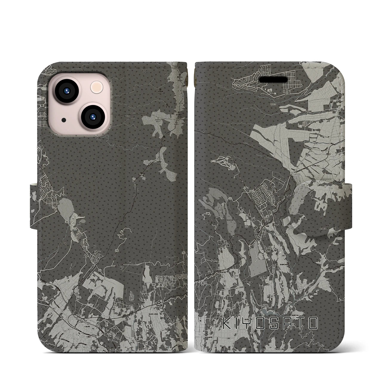 【清里(山梨県)】地図柄iPhoneケース(手帳タイプ)モノトーン・iPhone 13 mini 用