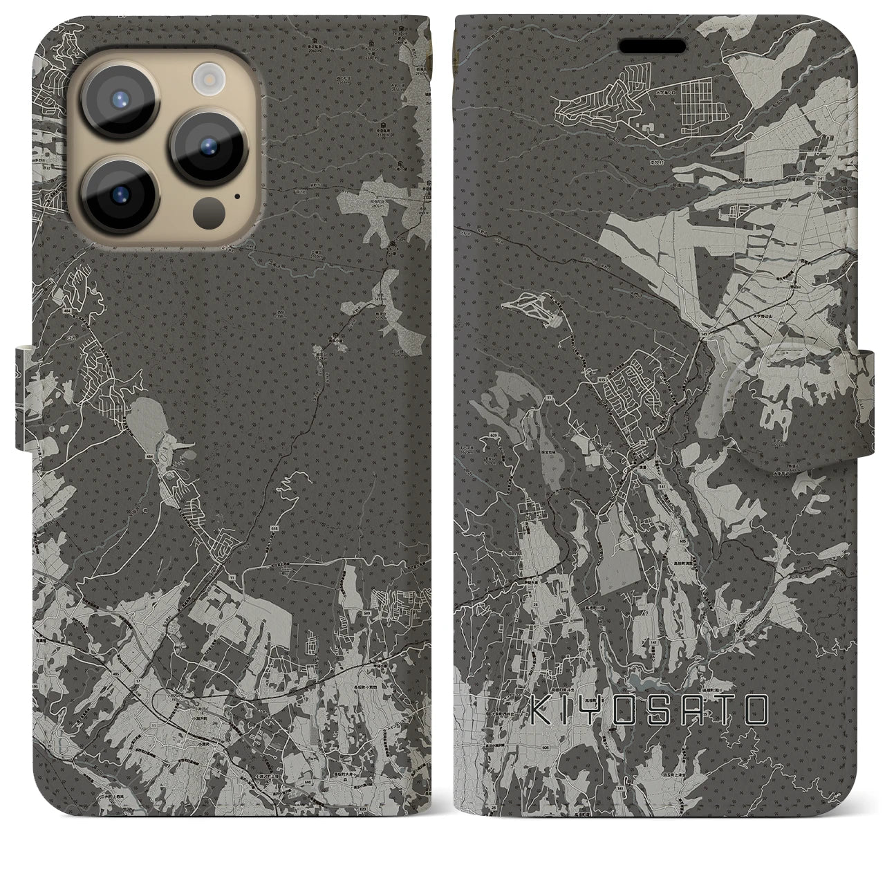 【清里(山梨県)】地図柄iPhoneケース(手帳タイプ)モノトーン・iPhone 14 Pro Max 用