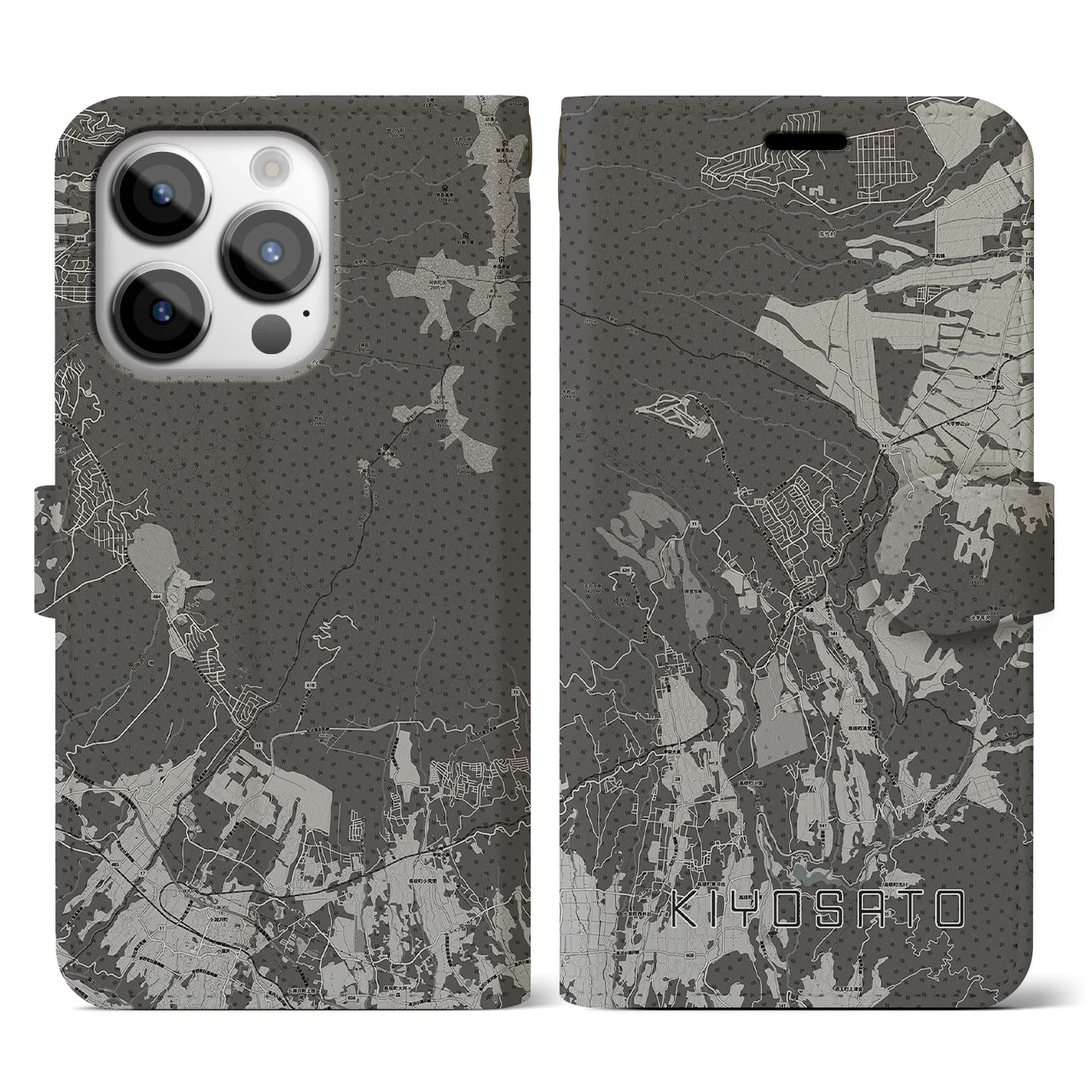 【清里(山梨県)】地図柄iPhoneケース(手帳タイプ)モノトーン・iPhone 14 Pro 用