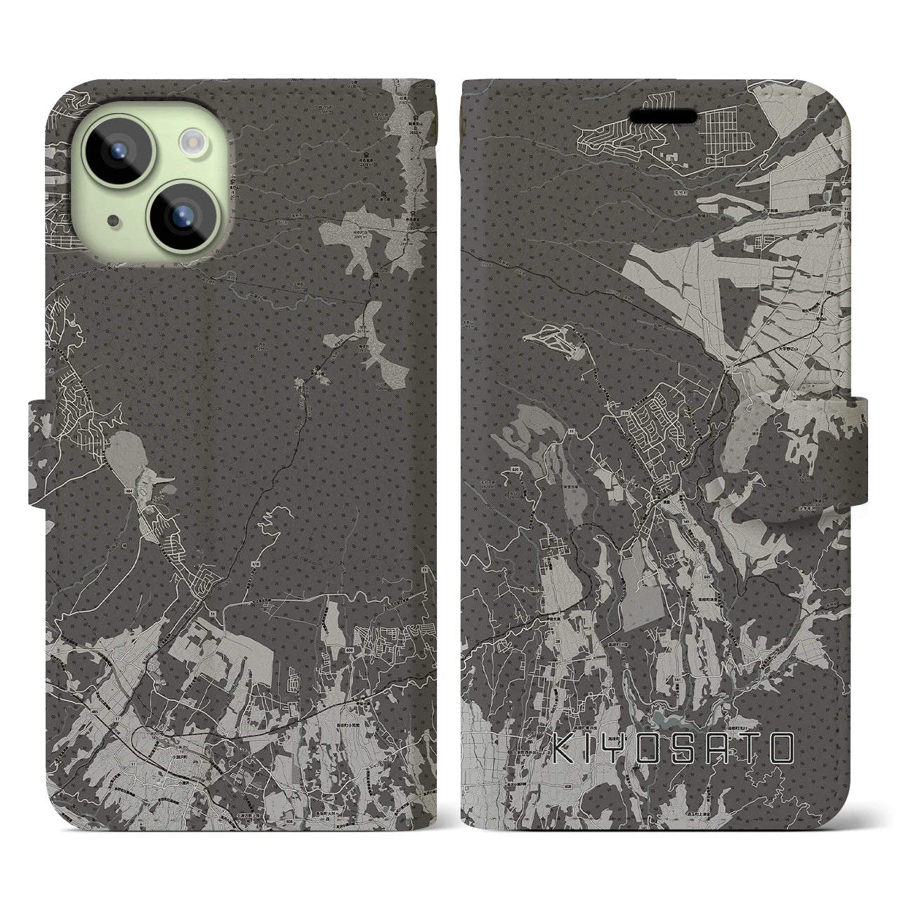【清里(山梨県)】地図柄iPhoneケース(手帳タイプ)モノトーン・iPhone 15 用