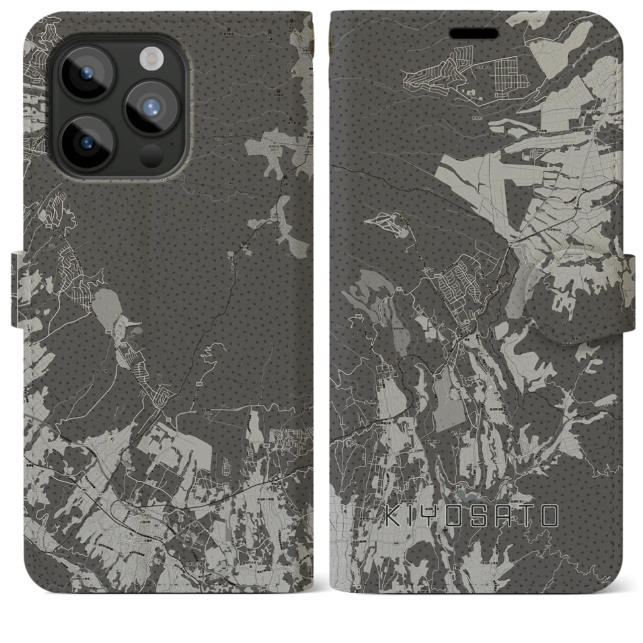 【清里(山梨県)】地図柄iPhoneケース(手帳タイプ)モノトーン・iPhone 15 Pro Max 用