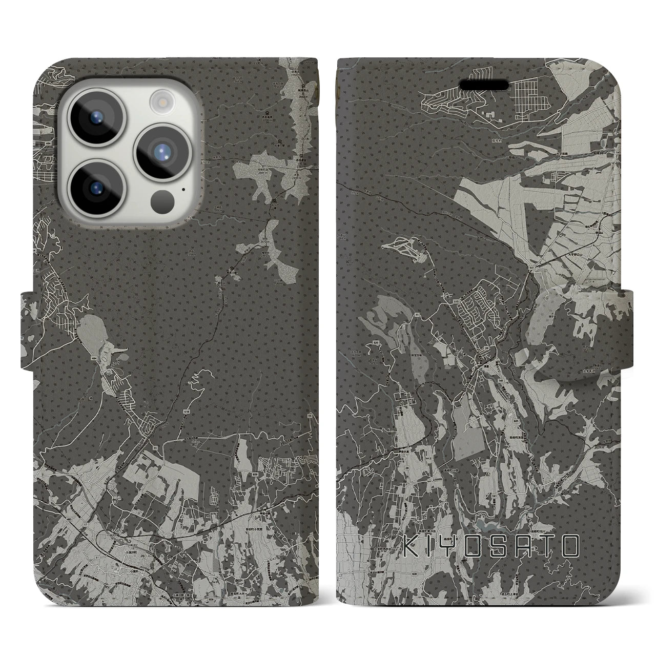 【清里(山梨県)】地図柄iPhoneケース(手帳タイプ)モノトーン・iPhone 15 Pro 用