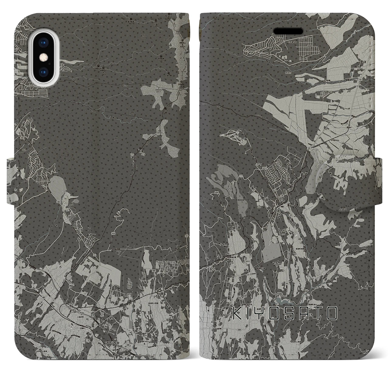【清里(山梨県)】地図柄iPhoneケース(手帳タイプ)モノトーン・iPhone XS Max 用