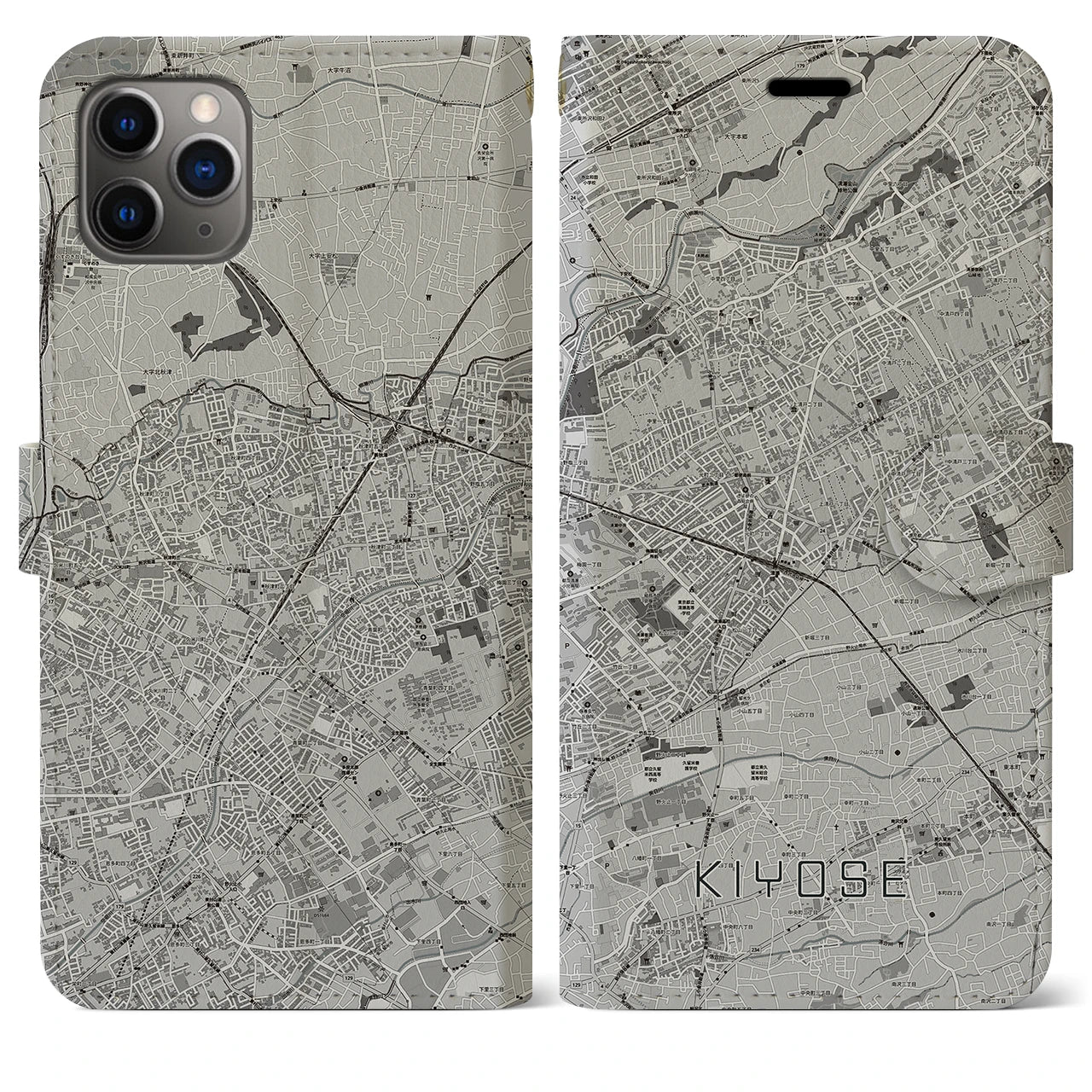 【清瀬(東京都)】地図柄iPhoneケース(手帳タイプ)モノトーン・iPhone 11 Pro Max 用