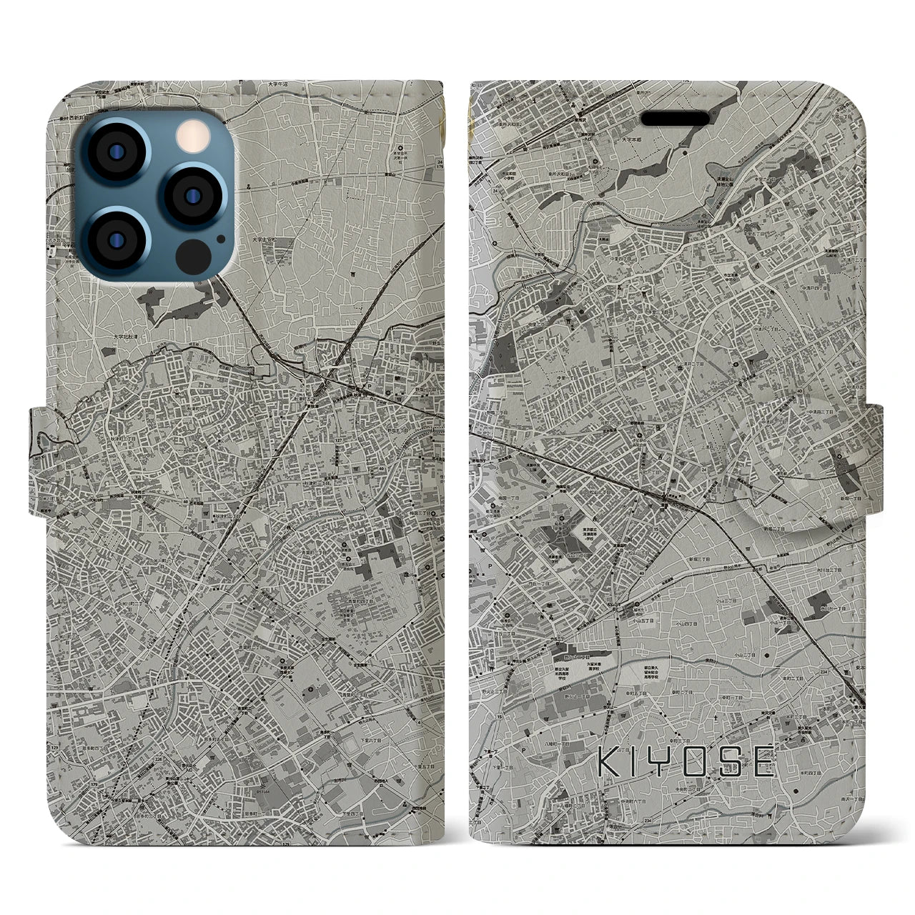 【清瀬(東京都)】地図柄iPhoneケース(手帳タイプ)モノトーン・iPhone 12 / 12 Pro 用
