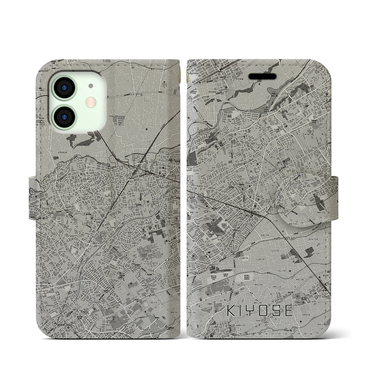 【清瀬(東京都)】地図柄iPhoneケース(手帳タイプ)モノトーン・iPhone 12 mini 用