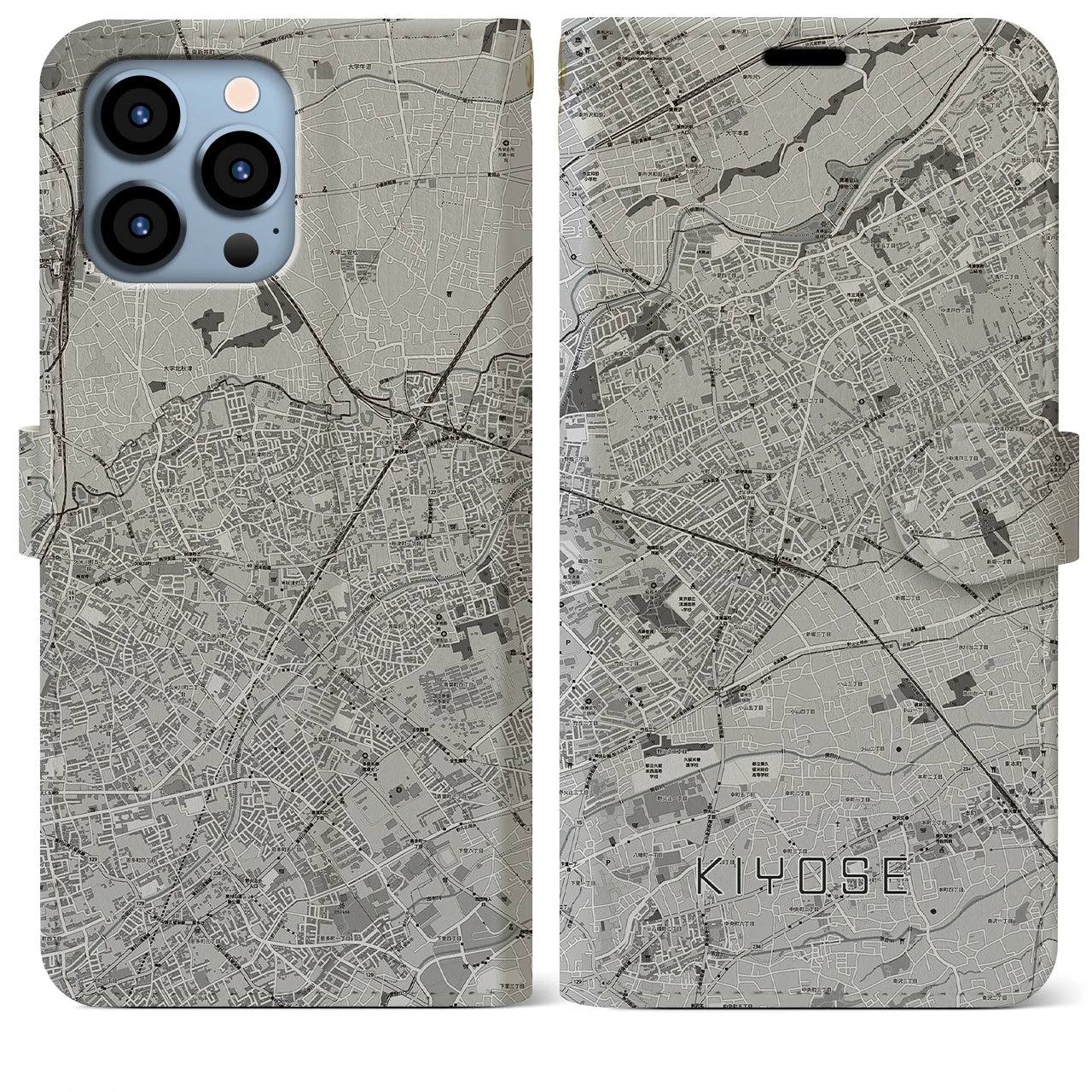 【清瀬(東京都)】地図柄iPhoneケース(手帳タイプ)モノトーン・iPhone 13 Pro Max 用