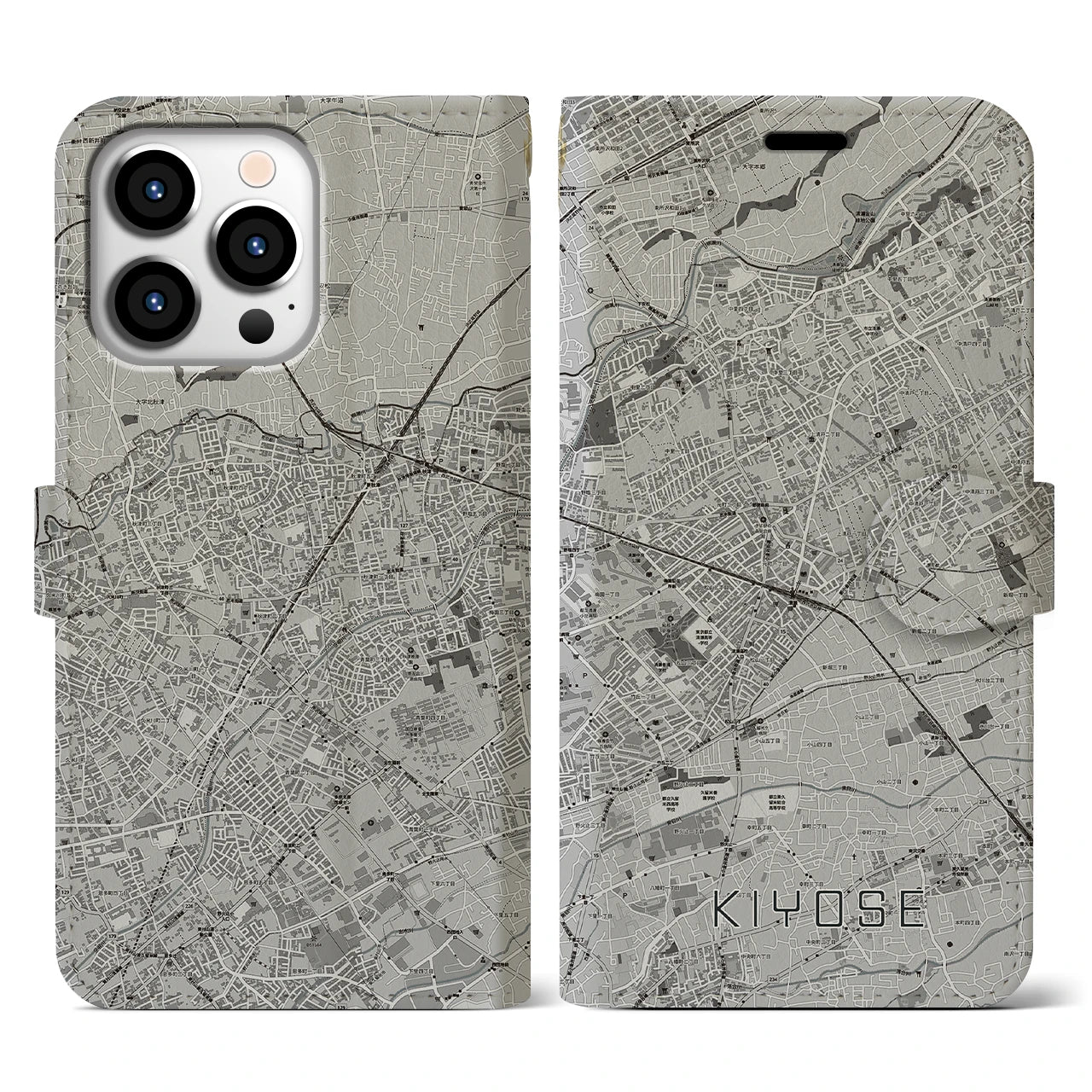 【清瀬(東京都)】地図柄iPhoneケース(手帳タイプ)モノトーン・iPhone 13 Pro 用