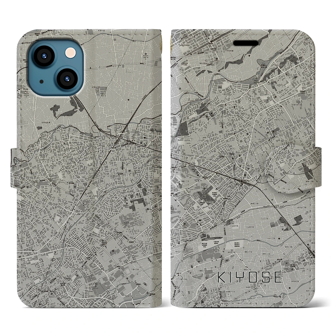 【清瀬(東京都)】地図柄iPhoneケース(手帳タイプ)モノトーン・iPhone 13 用