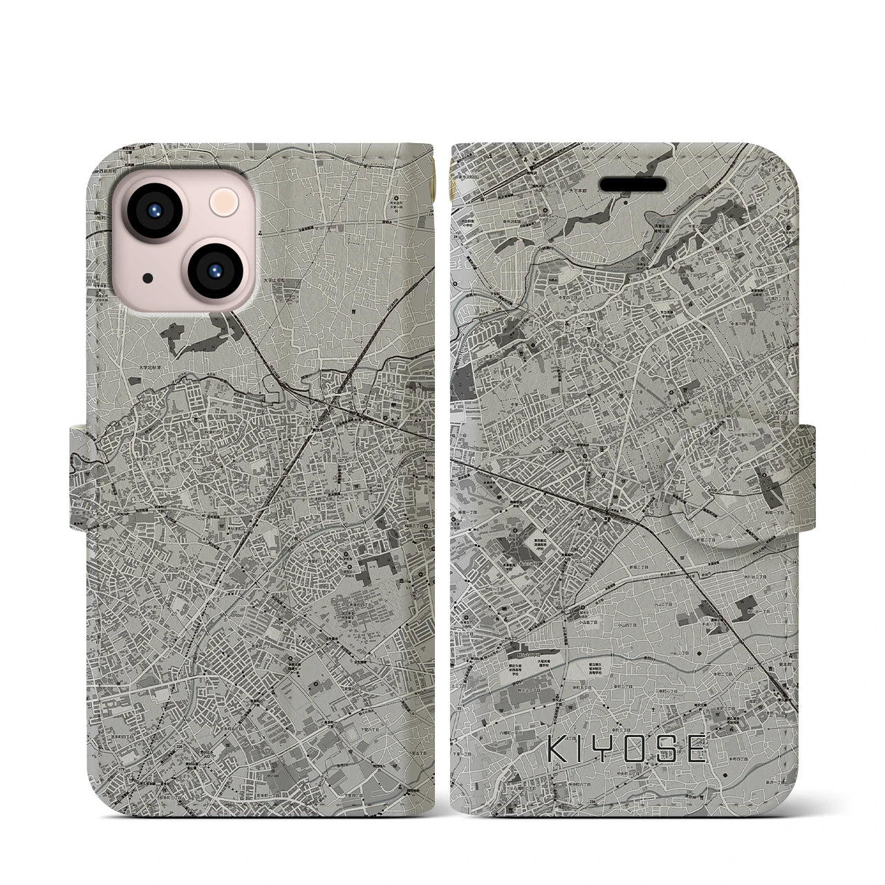 【清瀬(東京都)】地図柄iPhoneケース(手帳タイプ)モノトーン・iPhone 13 mini 用