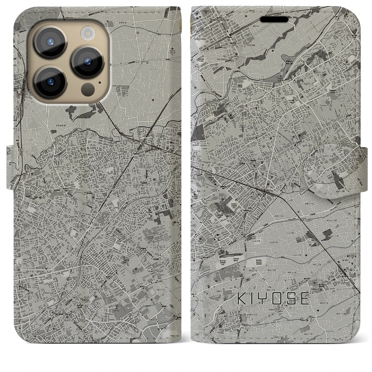 【清瀬(東京都)】地図柄iPhoneケース(手帳タイプ)モノトーン・iPhone 14 Pro Max 用