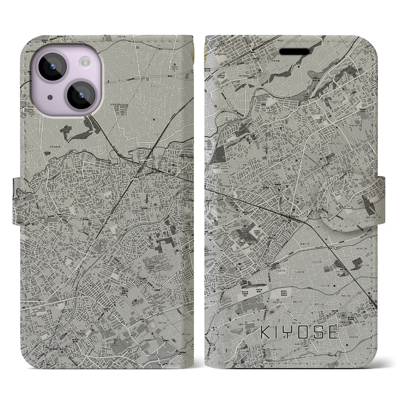 【清瀬(東京都)】地図柄iPhoneケース(手帳タイプ)モノトーン・iPhone 14 用