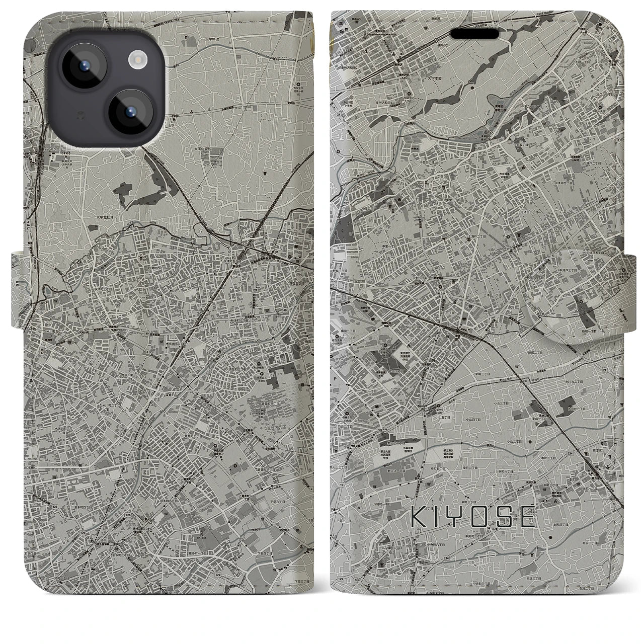 【清瀬(東京都)】地図柄iPhoneケース(手帳タイプ)モノトーン・iPhone 14 Plus 用