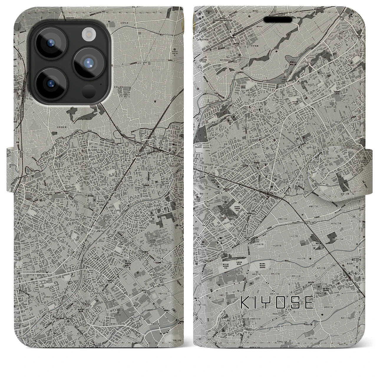 【清瀬(東京都)】地図柄iPhoneケース(手帳タイプ)モノトーン・iPhone 15 Pro Max 用